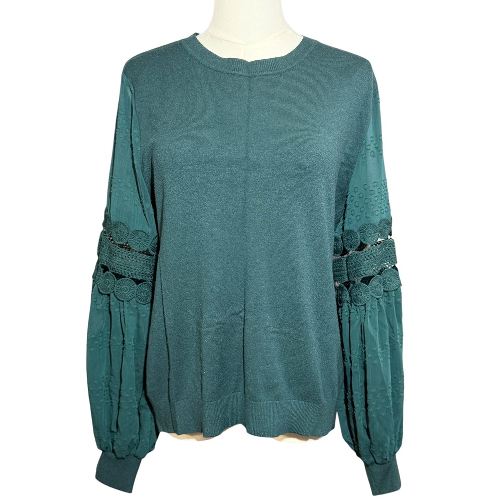 Siani Milano Teal Knit Sweater Sheer Crochet Lace Swiss Dot Balloon Sleeve Top